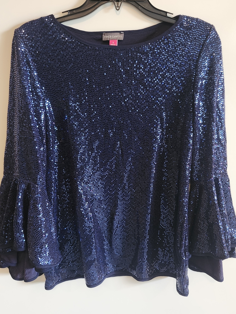 Vince Camuto Navy Sequin Bell Sleeve Top